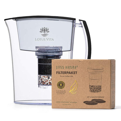 Lotus Vita Wasserfilter-Set Einsteiger mit Filterkanne Lotus Schwarz Matt und Halbjahrespaket