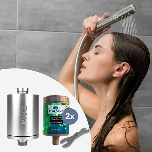 riva Wasserfilter-Set Duschoase mit Duschfilter Skin & Hair EM, Ersatzkartuschen für 1 Jahr und Installations-Tool